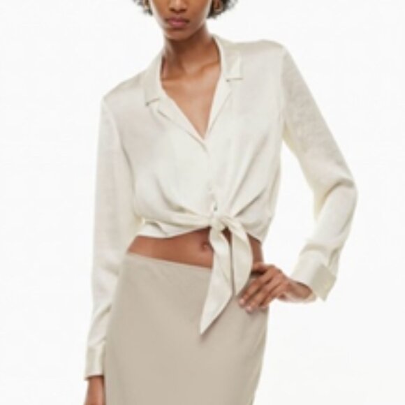 Wilfred Aritzia Japanese Satin Tie Front Blouse in Birch - Picture 2 of 3